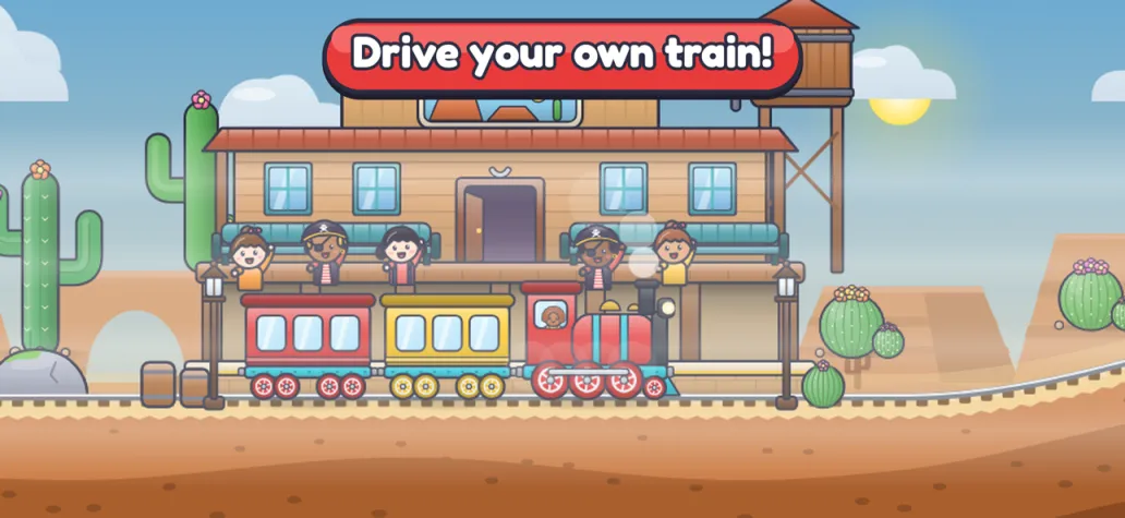 A train pulls into a desert station: drive your own train