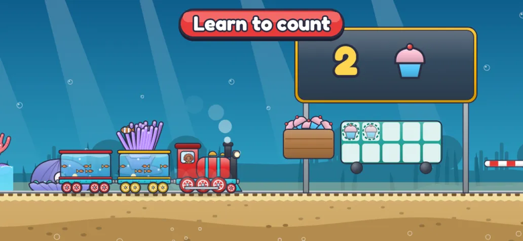 An underwater stop where the child counts cupcakes into a cart